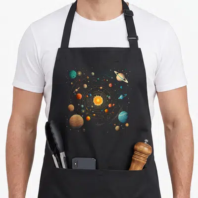 Tablier de cuisine noir avec un système solaire coloré, des planètes et un petit astronaute flottant au centre.