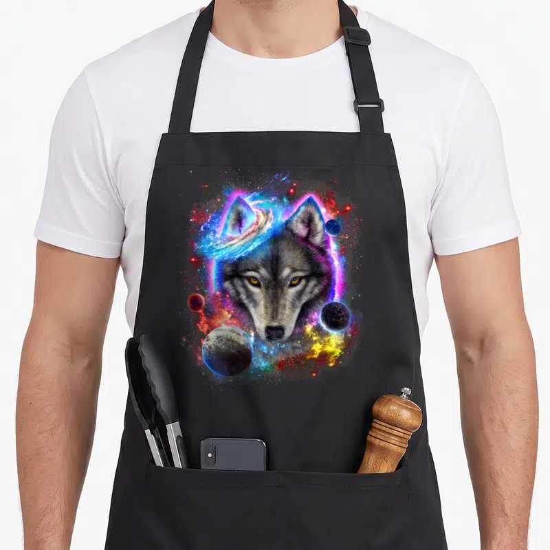 Tablier de cuisine noir avec tête de loup intégrée à une galaxie multicolore et des planètes flottantes.