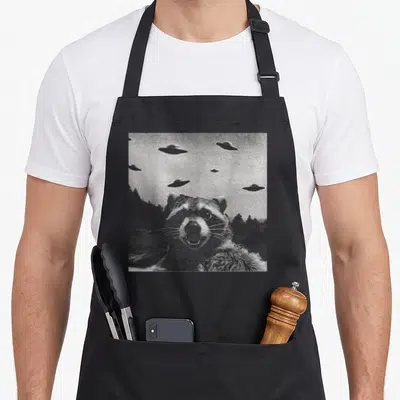 Tablier de cuisine noir avec illustration grise d'un raton laveur souriant sous plusieurs vaisseaux spatiaux flottants.