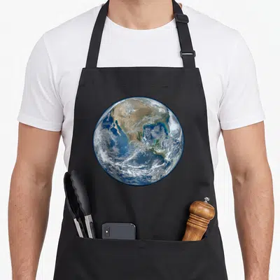 Tablier de cuisine noir avec une impression circulaire représentant la planète Terre vue depuis l'espace.