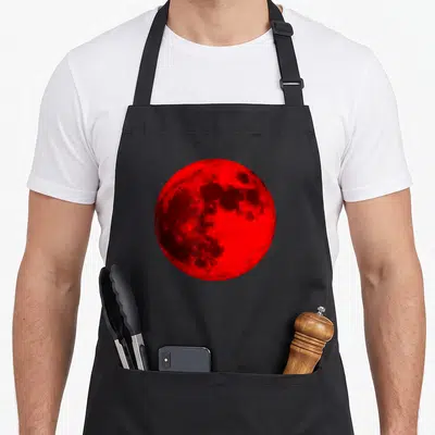 Tablier de cuisine noir avec une illustration centrale représentant une pleine lune rouge vif aux détails texturés.