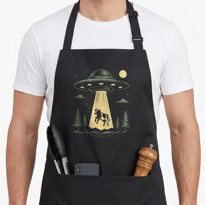 Tablier de cuisine noir avec illustration d'un ovin capturé par un rayon lumineux sous une lune étoilée.