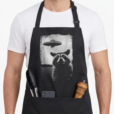 Tablier de cuisine noir avec illustration d'un raton laveur observant un vaisseau spatial au-dessus de lui.