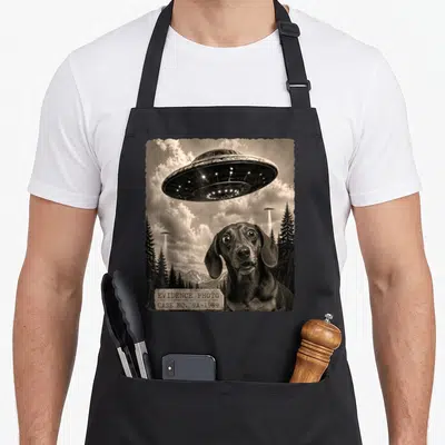 Tablier de cuisine noir avec illustration vintage d'un teckel ébahie sous un engin volant au-dessus d'une forêt.