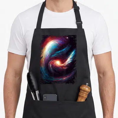 Tablier de cuisine noir avec une grande nébuleuse galactique colorée aux teintes bleues et orangées.