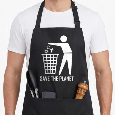 Tablier de cuisine noir avec une silhouette blanche jetant des symboles religieux dans une poubelle sous le texte Save the Planet