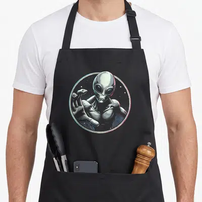Tablier de cuisine noir avec illustration d'un alien gris aux yeux bleus dans un cercle étoilé aux contours colorés.