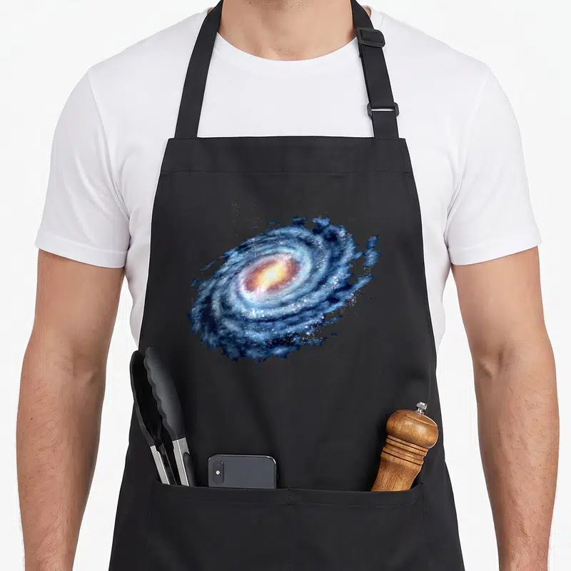 Tablier de cuisine noir avec une galaxie spirale aux couleurs bleues et un centre lumineux doré représentant la Voie lactée.