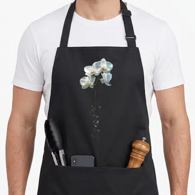 Tablier de cuisine noir avec une orchidée blanche dont la tige se dissout en bulles transparentes.