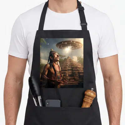 Tablier de cuisine noir avec illustration d'un prêtre maya regardant un engin volant lumineux au-dessus d'une pyramide.