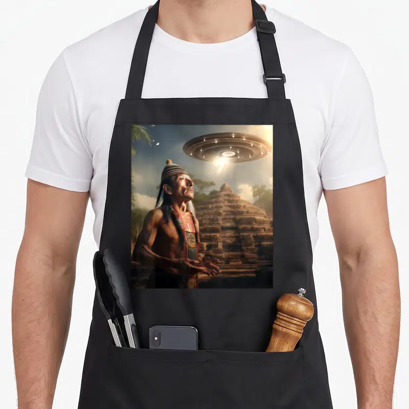 Tablier de cuisine noir avec illustration d'un prêtre maya regardant un engin volant lumineux au-dessus d'une pyramide.