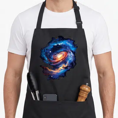 Tablier de cuisine noir avec une grande illustration colorée représentant une galaxie spirale aux teintes bleues et orangées lumineuses.