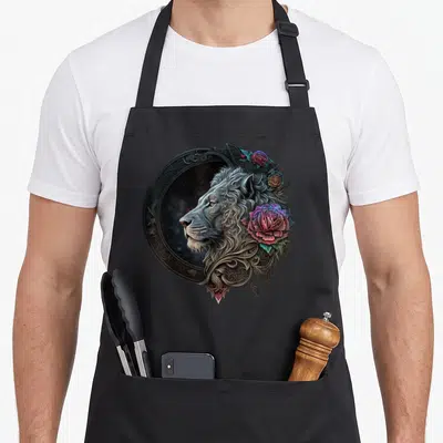 Tablier de cuisine noir avec tête de lion gravée dans un cadre circulaire étoilé et des roses colorées.