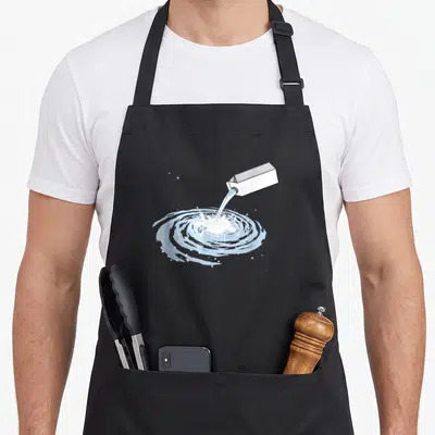 Tablier de cuisine noir avec illustration carton de lait versant du lait en forme de galaxie spirale étoilée.