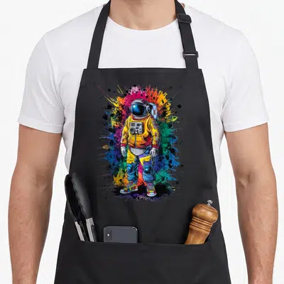Tablier de cuisine noir avec astronaute urbain en tenue HipHop et baskets colorées sur fond d'éclaboussures multicolores.