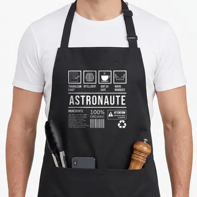 Tablier de cuisine noir avec illustration blanche d'une étiquette type produit spatial et texte humoristique.