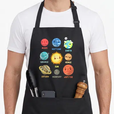 Tablier de cuisine noir avec illustration colorée des planètes du système solaire aux visages souriants et leurs noms en anglais.
