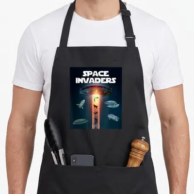 Tablier de cuisine noir avec illustration Space Invaders, ovni lumineux et vaisseaux spatiaux flottant dans l'espace.