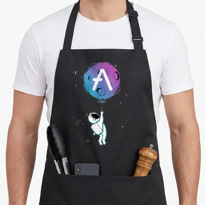 Tablier de cuisine noir avec astronaute tenant un ballon lunaire aux couleurs dégradées.
