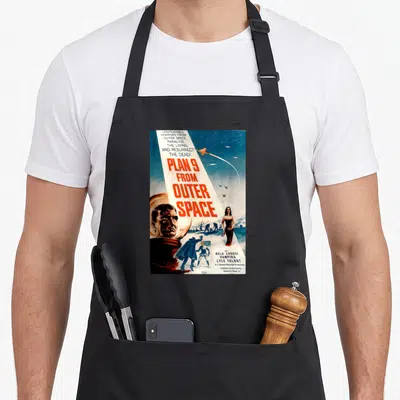 Tablier de cuisine noir avec affiche Plan 9 From Outer Space couleur bleu et orange