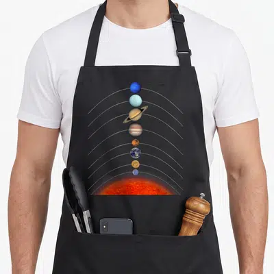 Tablier de cuisine noir avec illustration du système solaire montrant le Soleil et les planètes alignées verticalement.