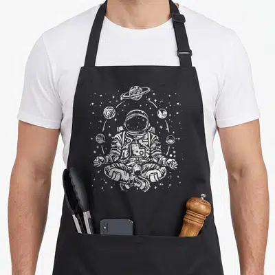 Tablier de cuisine noir avec illustration blanche d'un cosmonaute en position assise de méditation sous des orbites planétaires.
