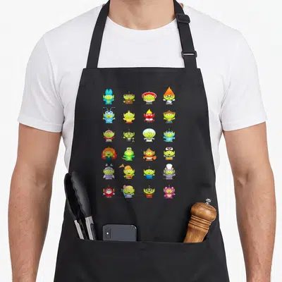 Tablier de cuisine noir avec une grille d'aliens verts de Toy Story déguisés en divers personnages de fiction colorés.