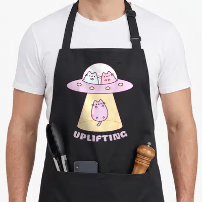 Tablier de cuisine noir avec illustration d'un vaisseau spatial rose transportant trois chats colorés et le mot UPLIFTING en bas.