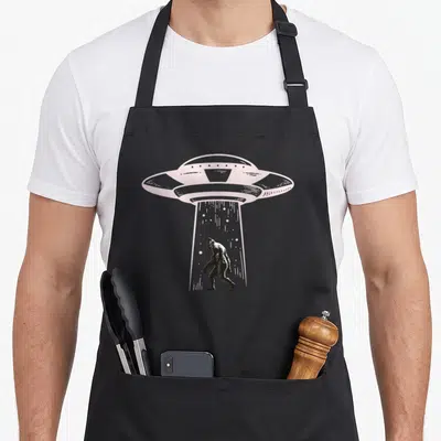 Tablier de cuisine noir avec illustration d'un Bigfoot sous le rayon d'un vaisseau spatial flottant.