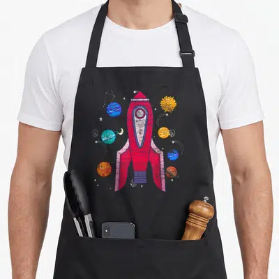 Tablier de cuisine noir avec fusée rose, planètes colorées à visages et soleil souriant dans un décor d'étoiles.