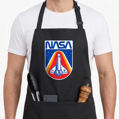 Tablier de cuisine noir avec un grand insigneNASA montrant une fusée sur fond bleu et étoiles.