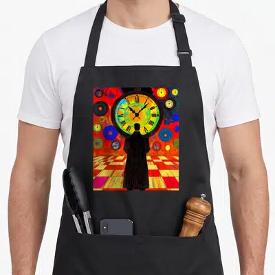 Tablier de cuisine noir avec silhouette homme regardant horloge géante chiffres romains fond coloré motifs circulaires.