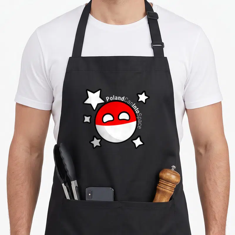Tablier de cuisine noir avec un paysball polonais rouge et blanc entouré d'étoiles et du texte Poland Can Into Space.