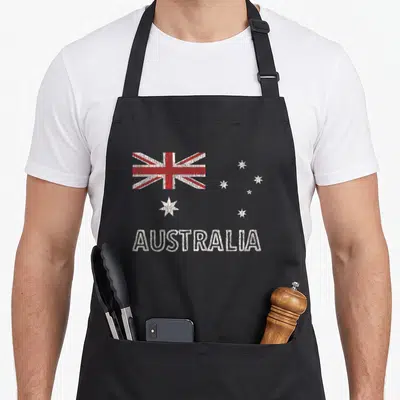 Tablier de cuisine noir avec drapeau Australie étoiles et mot AUSTRALIA en blanc usé