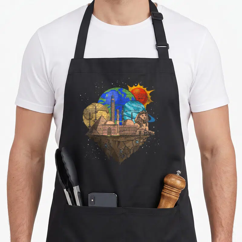 Tablier de cuisine noir avec pyramides, sphinx et planètes du système solaire flottant dans l'univers.
