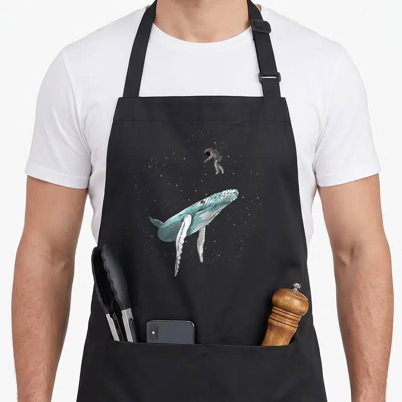 Tablier de cuisine noir avec illustration d'une baleine bleue et d'un astronaute flottant parmi les étoiles.