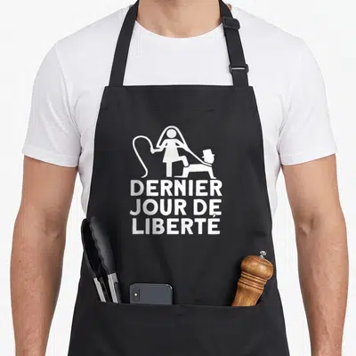 Tablier de cuisine noir avec inscription blanc dernier jour de liberté et silhouette femme menottant homme chapeau haut de forme