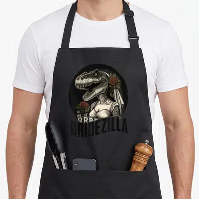 Tablier de cuisine noir avec illustration T-Rex mariée Bridezilla roses rouges et texte stylisé.