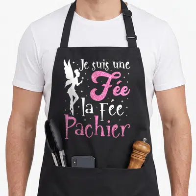 Tablier de cuisine noir avec inscription Je suis une Fée la Fée Pachier en rose et blanc, illustration d'une fée ailée.