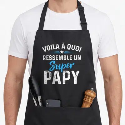 Tablier de cuisine noir avec inscription blanche et bleue Voila à Quoi Ressemble un Super Papy