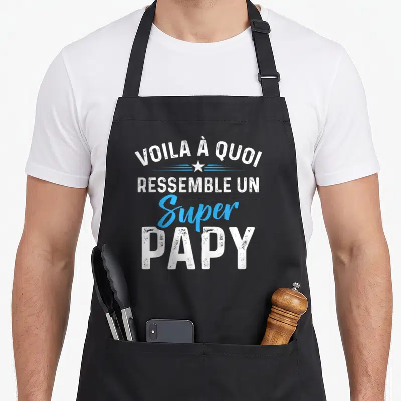 Tablier de cuisine noir avec inscription blanche et bleue Voila à Quoi Ressemble un Super Papy