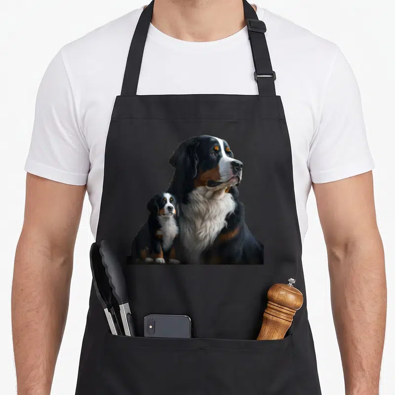 Tablier de cuisine noir avec illustration réaliste d'un Bouvier bernois adulte et d'un chiot assis à ses côtés.