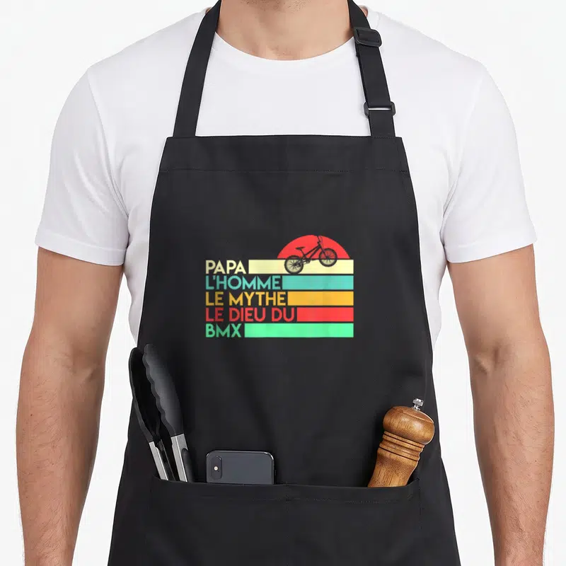 Tablier de cuisine noir avec Papa l'homme le mythe le dieu du BMX et vélo vintage.