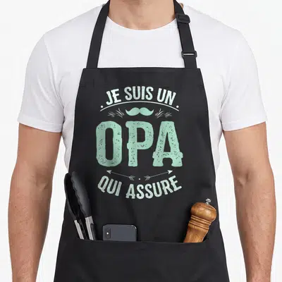 Tablier de cuisine noir avec l'inscription Je suis un Opa qui assure en typographie vert menthe et moustache stylisée.