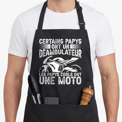Tablier de cuisine noir avec inscription blanche Certains Papys Ont Un Déambulateur Les Papys Cools Ont Une Moto et illustration de moto sport.