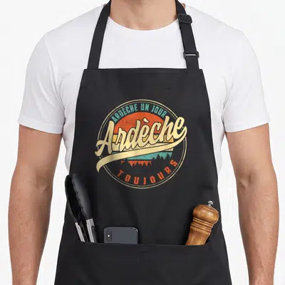 Tablier de cuisine noir avec logo circulaire Ardèche un jour Ardèche toujours style rétro