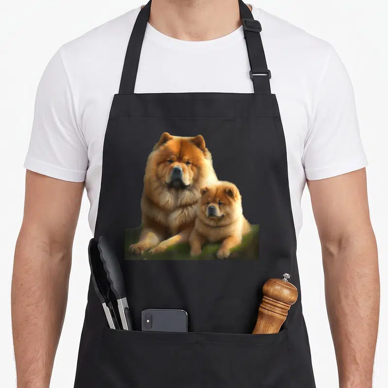 Tablier de cuisine noir avec illustration d'un Chow Chow adulte et d'un chiot posés sur l'herbe verte.