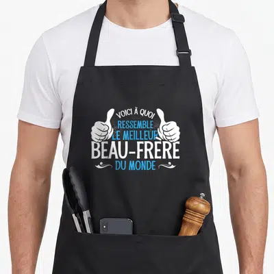 Tablier de cuisine noir avec inscription Voici à quoi ressemble le meilleur beau-frère du monde et deux pouces levés