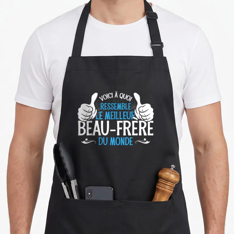 Tablier de cuisine noir avec inscription Voici à quoi ressemble le meilleur beau-frère du monde et deux pouces levés