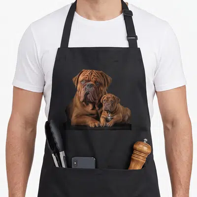 Tablier de cuisine noir avec illustration réaliste d'un Dogue de Bordeaux et de son chiot posés côte à côte.